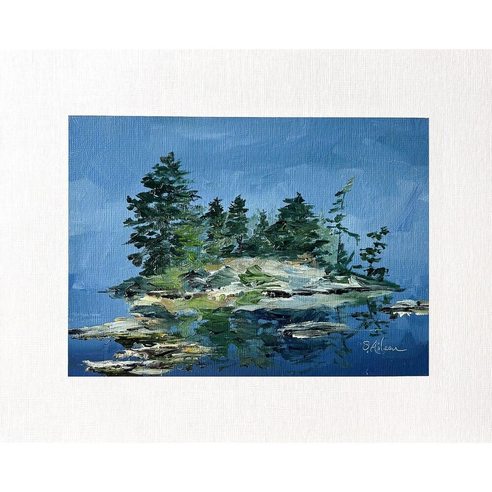 8x10 Original Oil Painting Seascape Nocturne Pines Ocean Island Deep Blue Signed